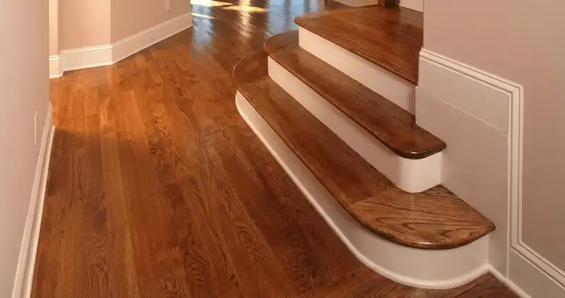 Base floor of a staircase with professionally restored wood flooring in Albany NY